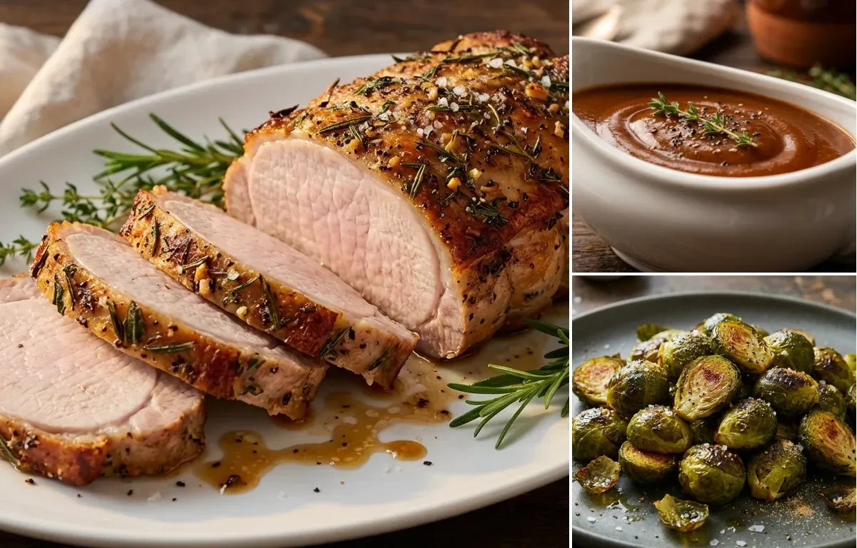 Herb-Crusted Pork Roast with Brown Gravy and Roasted Brussels Sprouts