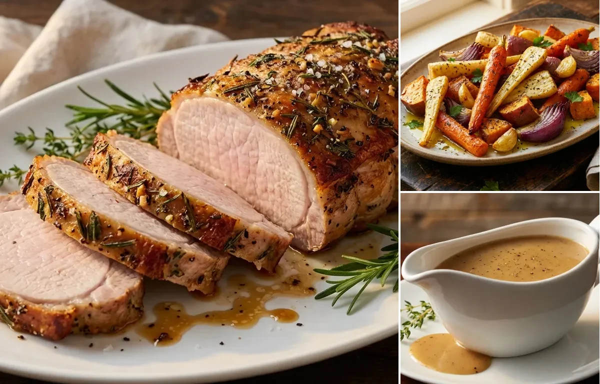 Herb-Crusted Pork Roast with Roasted Root Vegetables and Pan Gravy