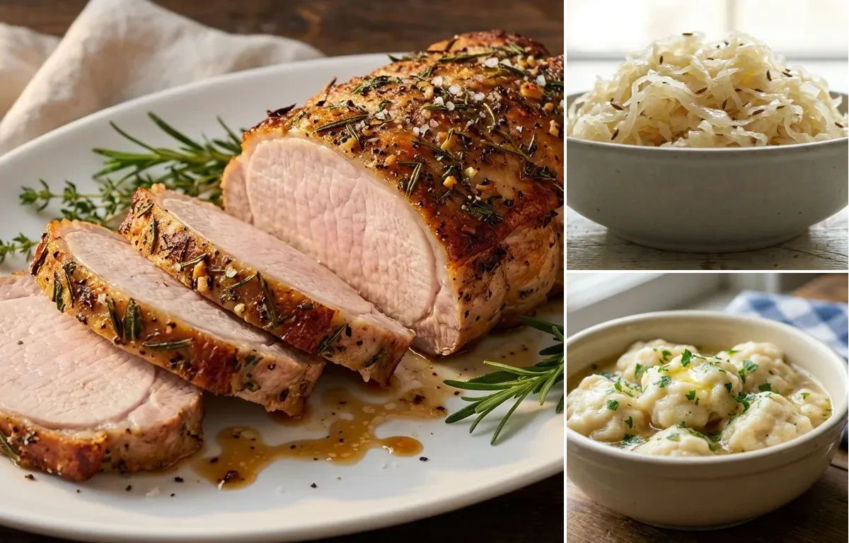 Herb-Crusted Pork Roast with Sauerkraut and Drop Dumplings