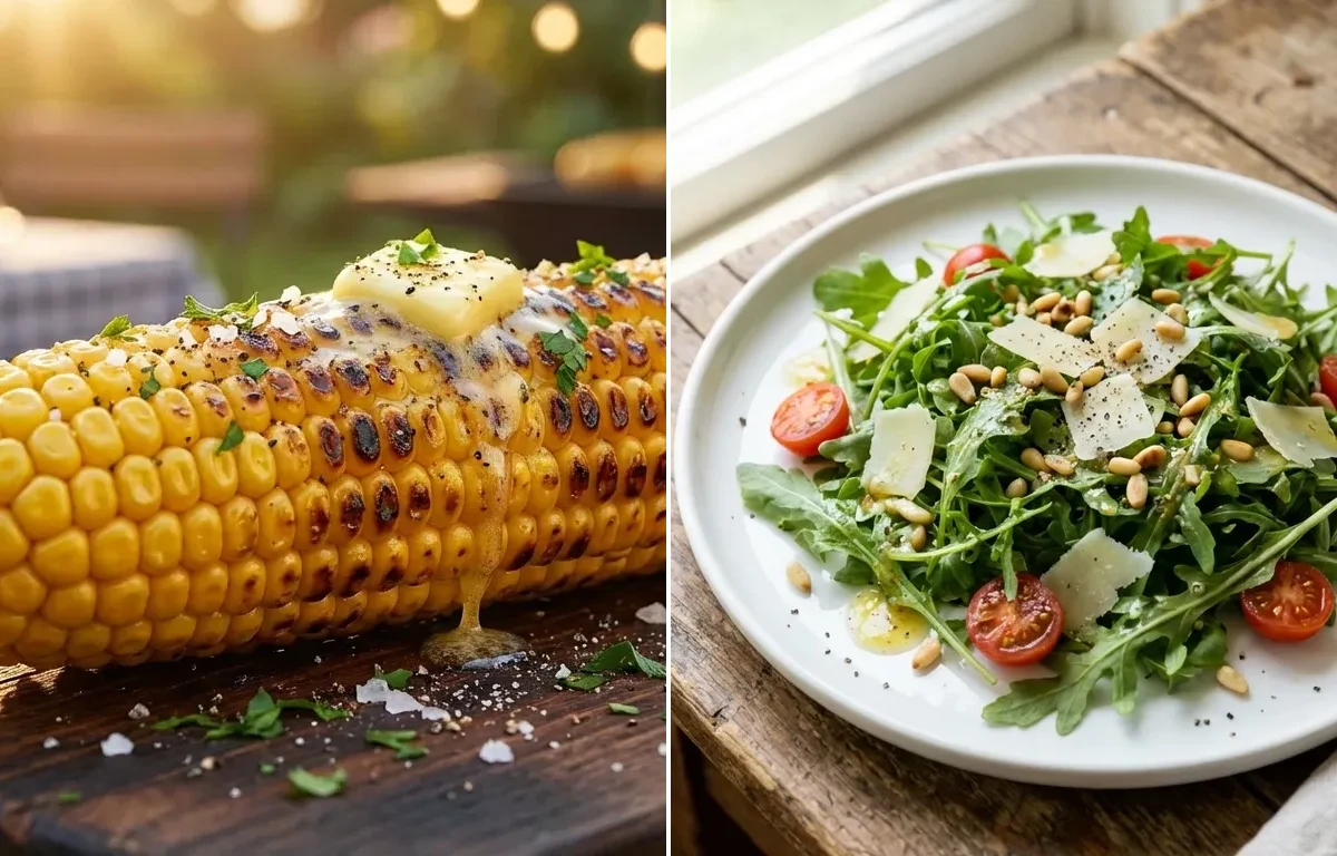 Herb Marinated Grilled Chicken Breast, Grilled Corn on the Cob and Arugula Salad with Lemon Vinaigrette
