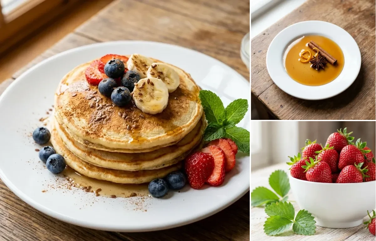 Homemade Pancakes with Pure Maple Syrup and Fresh Strawberries