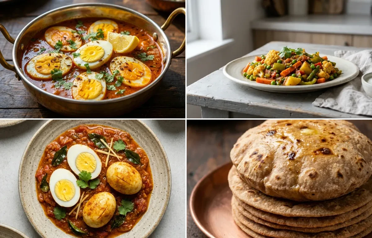 Homestyle Egg Curry with Roti and Bhindi Sabzi