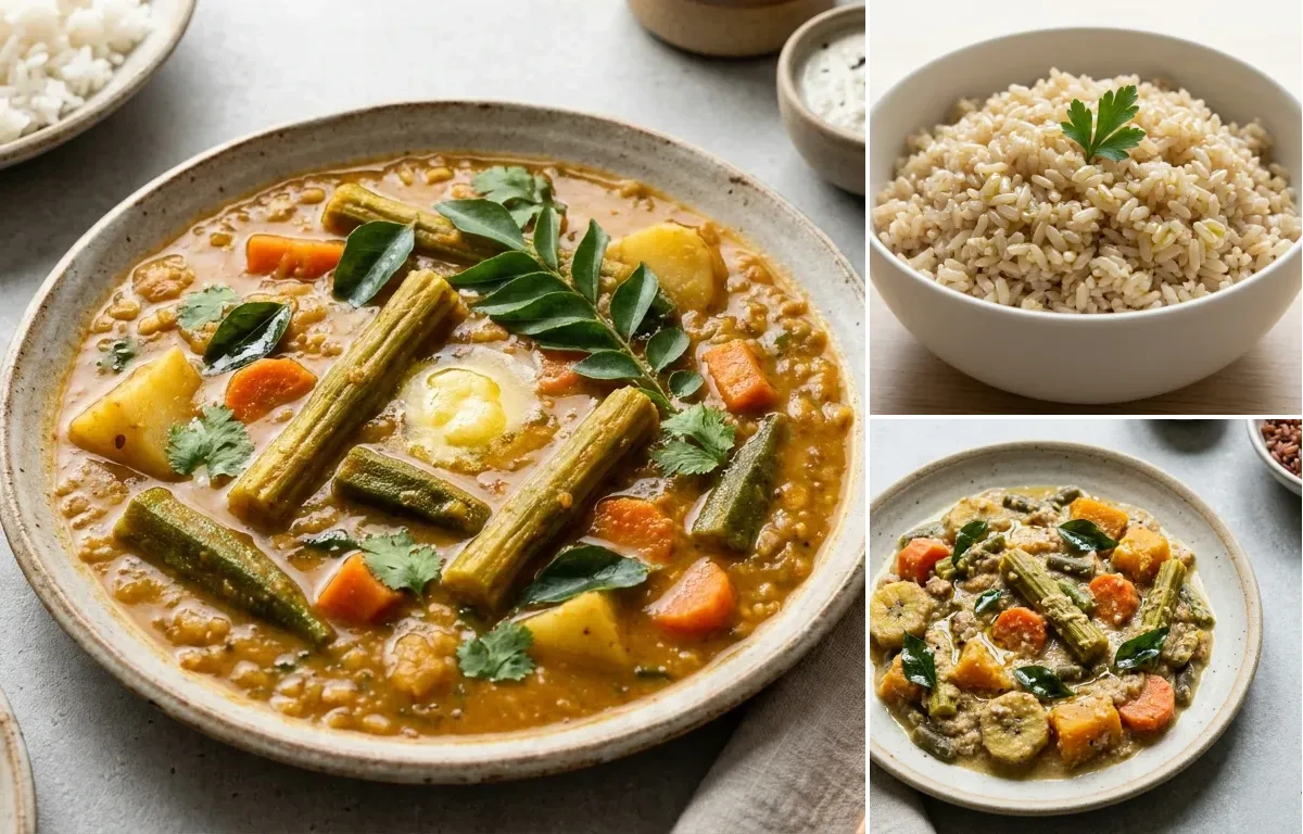 Homestyle Sambar, Steamed Steamed White Rice and Avial
