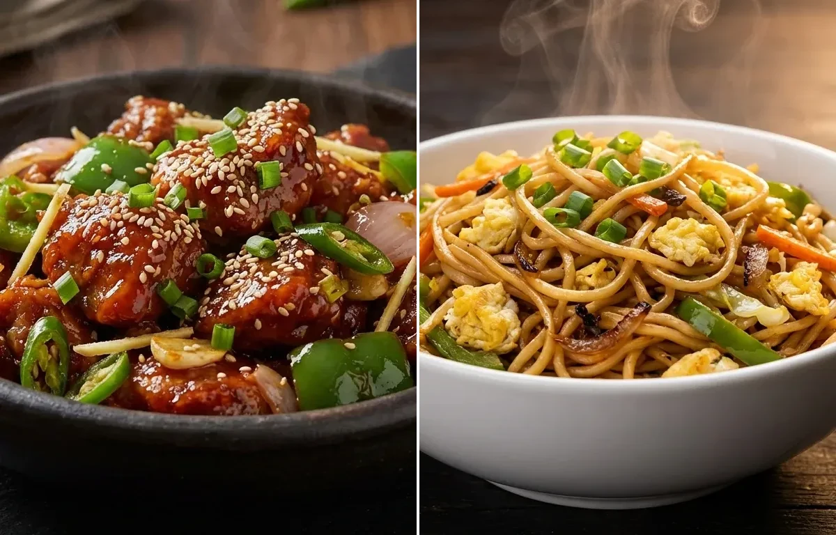 Honey Chilli Lamb with Egg Hakka Noodles
