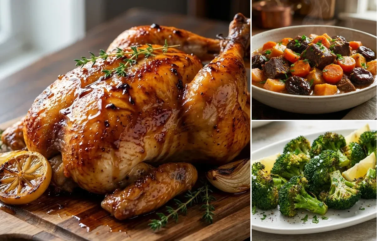 Honey-Glazed Roast Chicken with Beef and Carrot Tzimmes and Roasted Broccoli