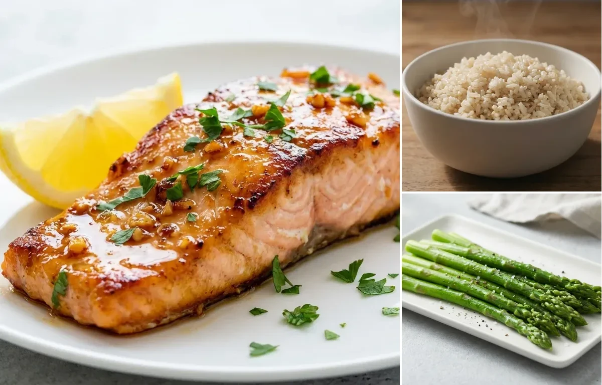 Honey Glazed Salmon with Brown Rice and Steamed Asparagus