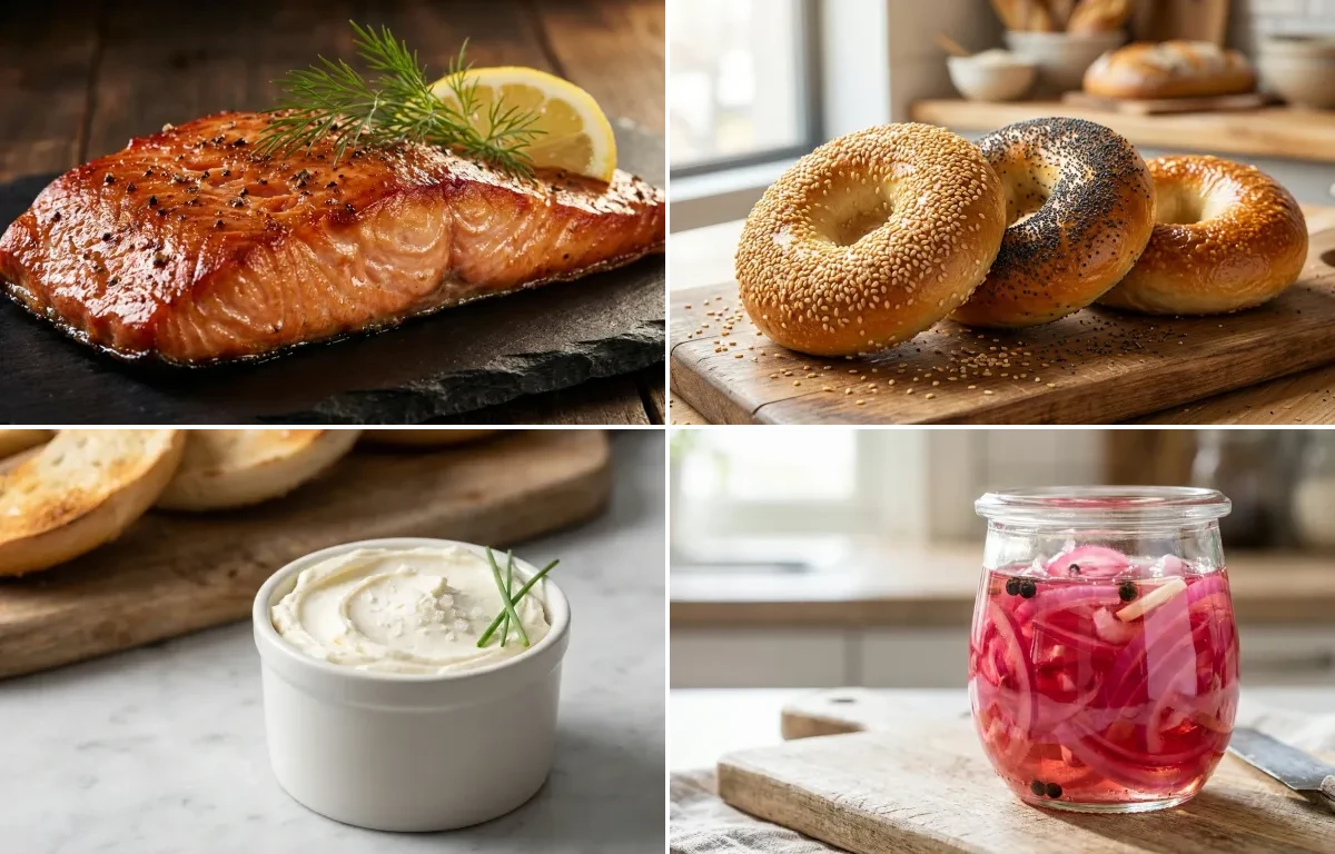 Hot Smoked Salmon with New York Bagels, Cream Cheese, Pickled Red Onions and Chicken Piccata