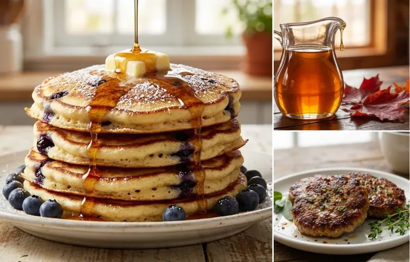 Huckleberry Pancakes with Maple Syrup and Breakfast Sausage Patties