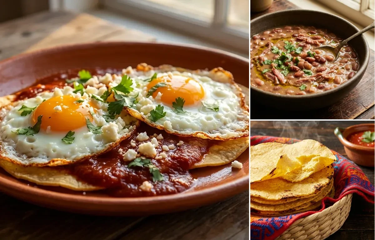 Huevos Rancheros with Red Chile with Pinto Beans and Corn Tortillas