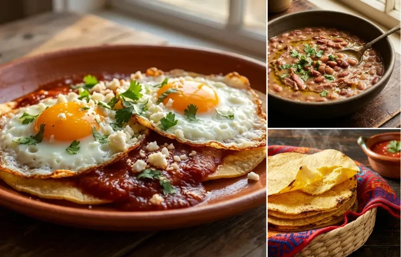 Huevos Rancheros with Red Chile with Pinto Beans and Corn Tortillas