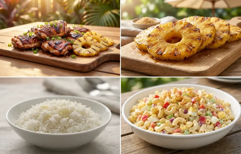 Huli Huli Chicken with Grilled Pineapple, Steamed Basmati Rice and Macaroni Salad
