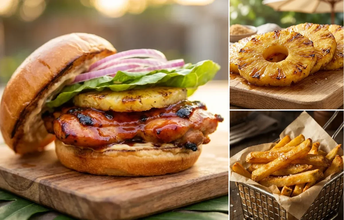 Huli Huli Chicken Sandwich with Grilled Pineapple and French Fries