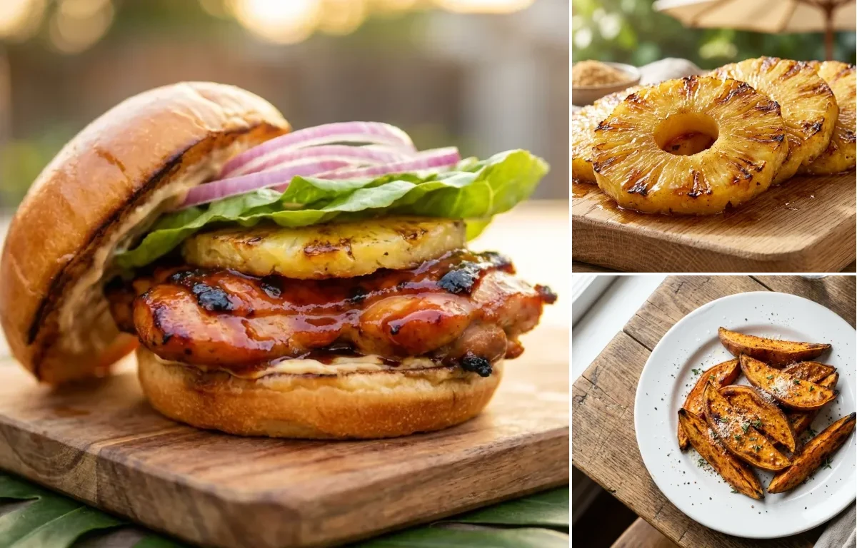 Huli Huli Chicken Sandwich with Grilled Pineapple and Sweet Potato Wedges