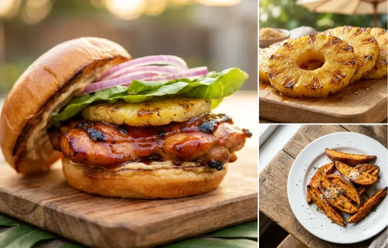 Huli Huli Chicken Sandwich with Grilled Pineapple and Sweet Potato Wedges