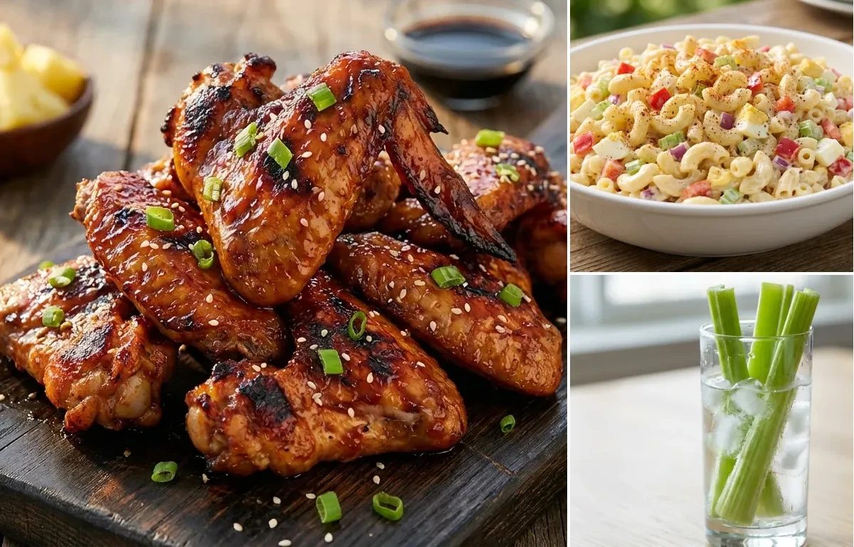 Huli Huli Chicken Wings with Macaroni Salad and Celery Sticks