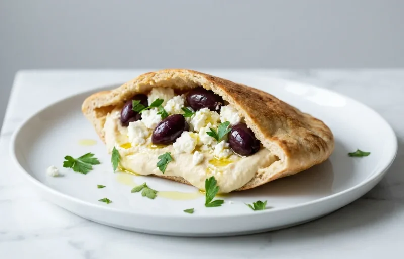 Hummus Stuffed Pita with Feta and Olives Vegetarian