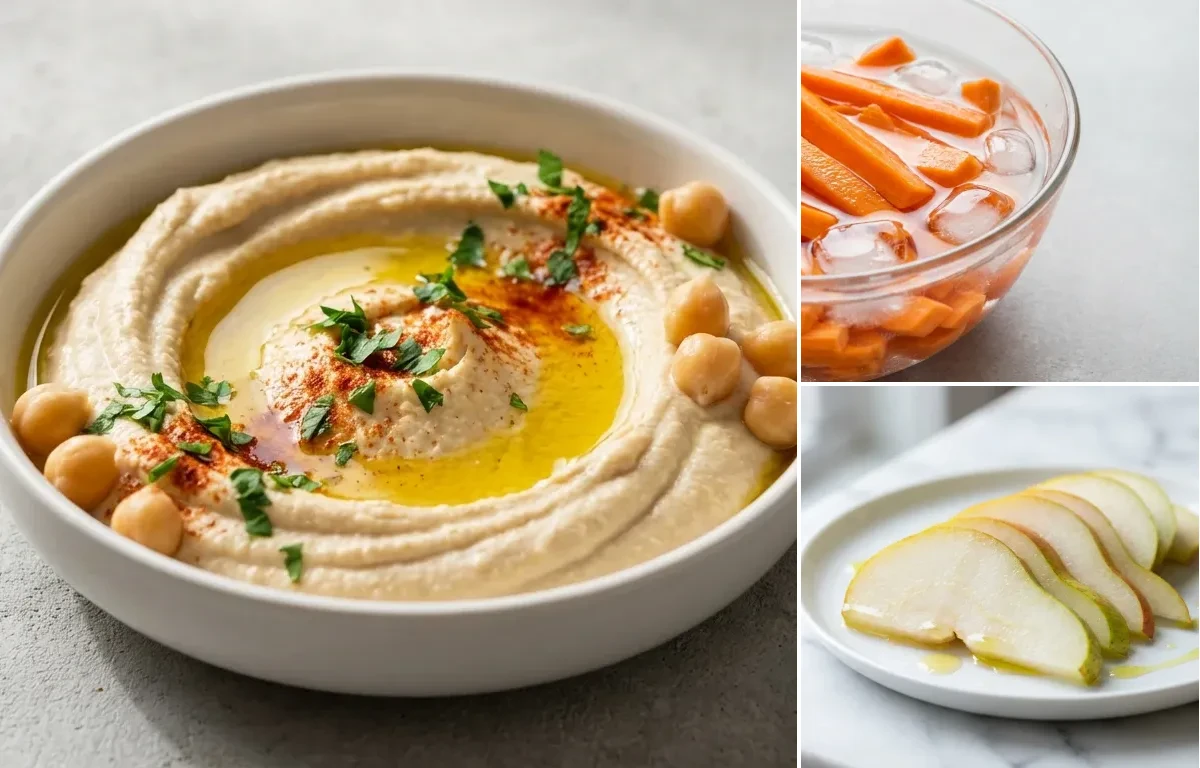 Hummus with Carrot Sticks with Handful of Almonds with Fresh Pear