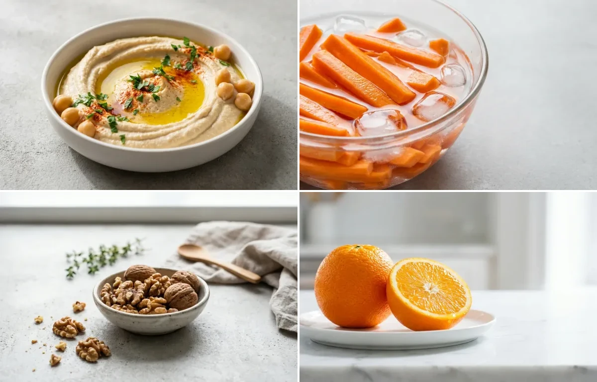 Hummus with Carrot Sticks with Walnuts Small Portion with Orange