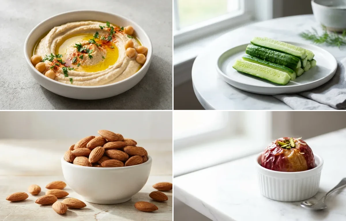 Hummus with Cucumber Sticks with Handful of Almonds with Apple