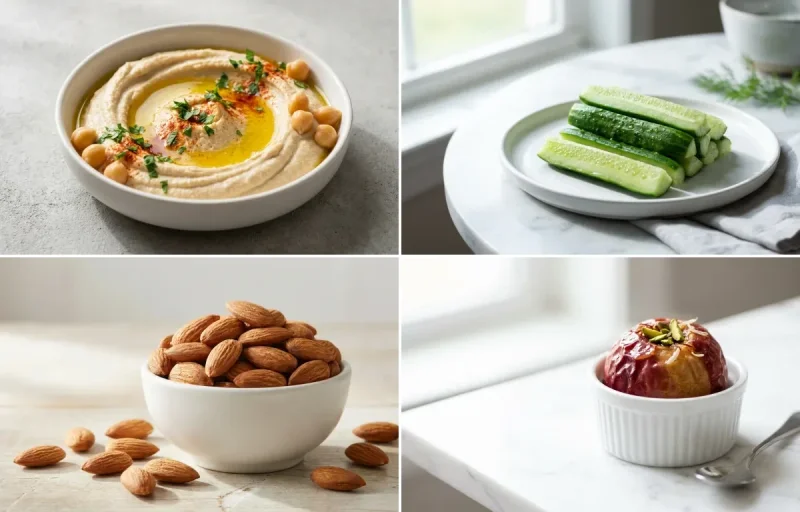 Hummus with Cucumber Sticks with Handful of Almonds with Apple