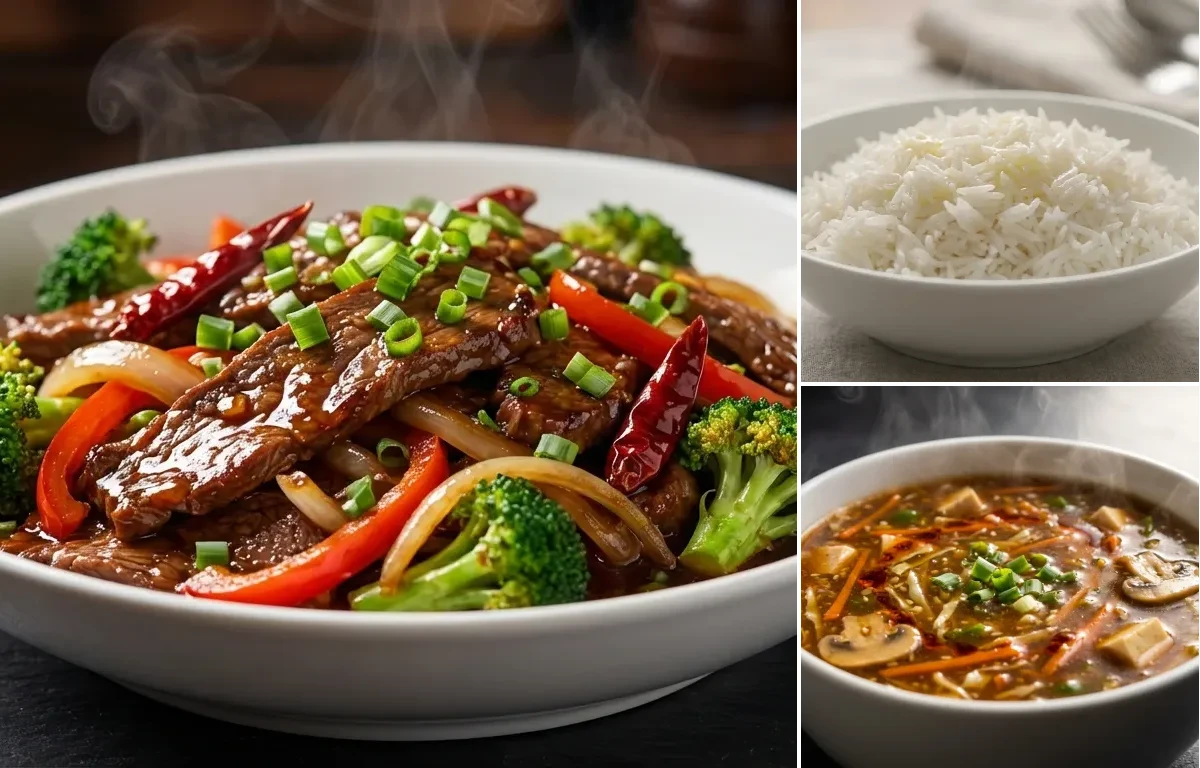 Hunan Beef Stir-Fry with Steamed Basmati Rice and Hot and Sour Soup