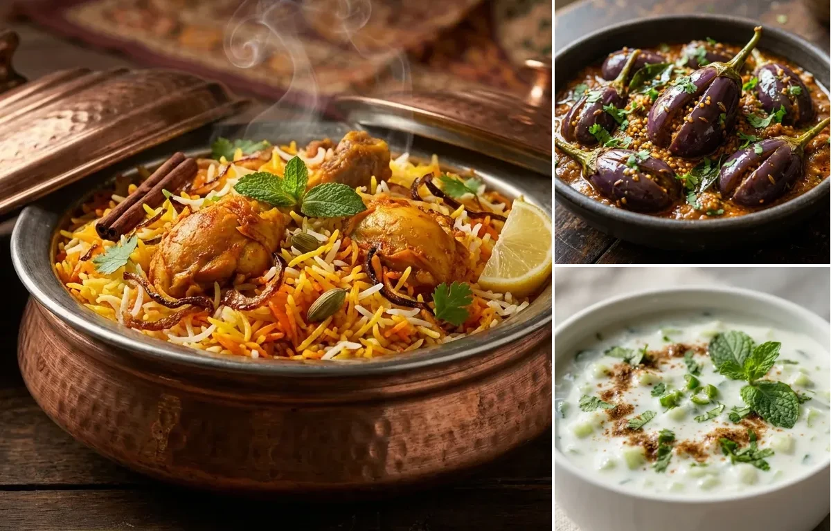 Hyderabadi Chicken Biryani with Bagara Baingan and Cucumber Raita