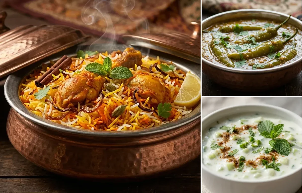 Hyderabadi Chicken Biryani with Mirchi ka Salan and Cucumber Raita