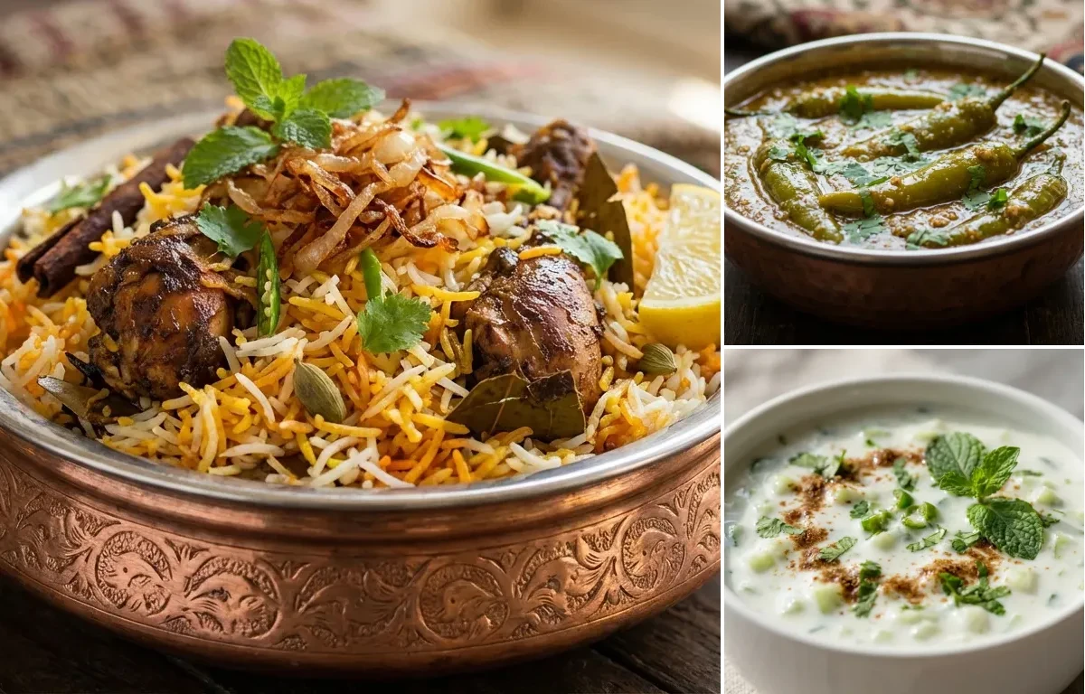 Hyderabadi Chicken Dum Biryani with Mirchi ka Salan and Cucumber Raita