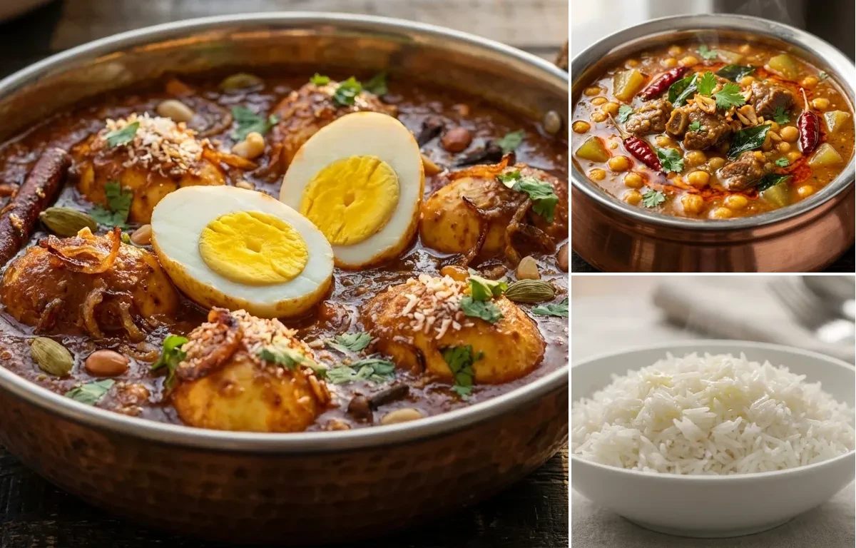 Hyderabadi Egg Curry with Hyderabadi Mutton Dalcha and Steamed Basmati Rice