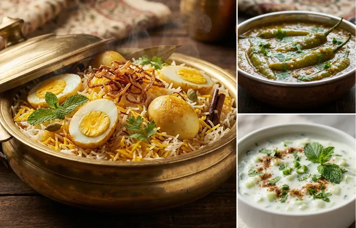 Hyderabadi Egg Dum Biryani with Mirchi ka Salan and Cucumber Raita