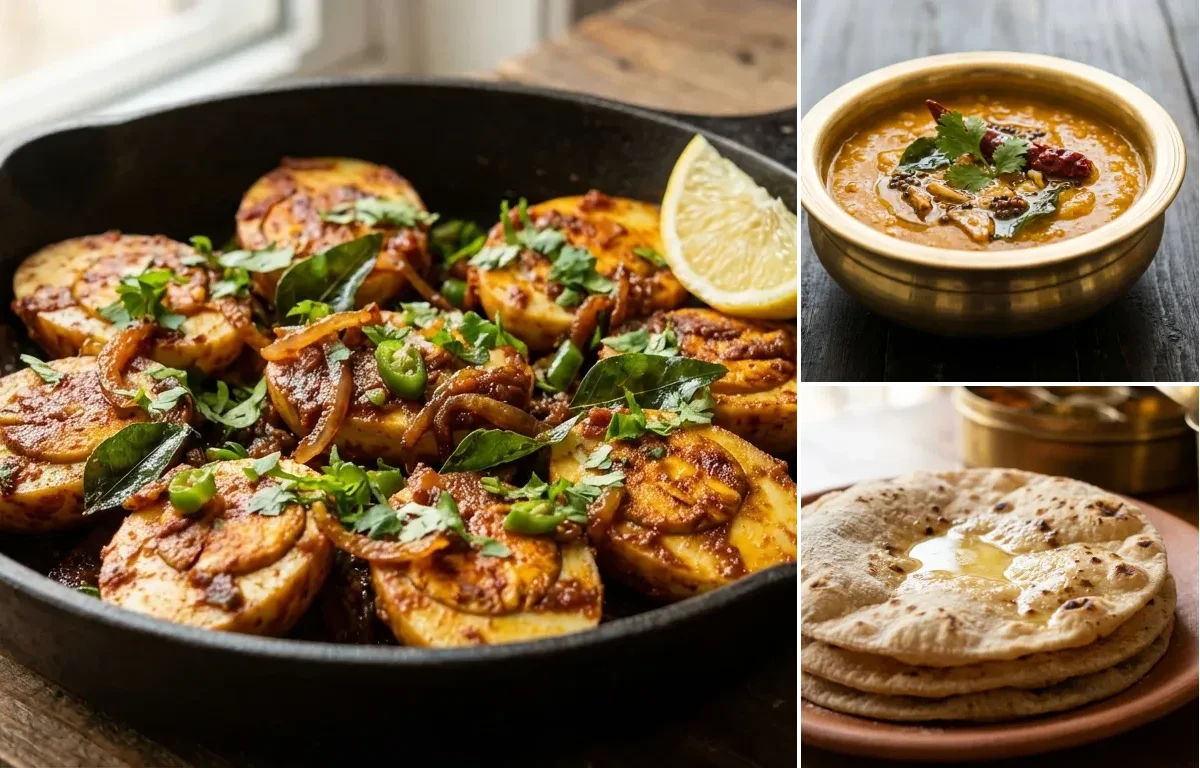 Hyderabadi Egg Fry (Dry) with Khatti Dal and Roti