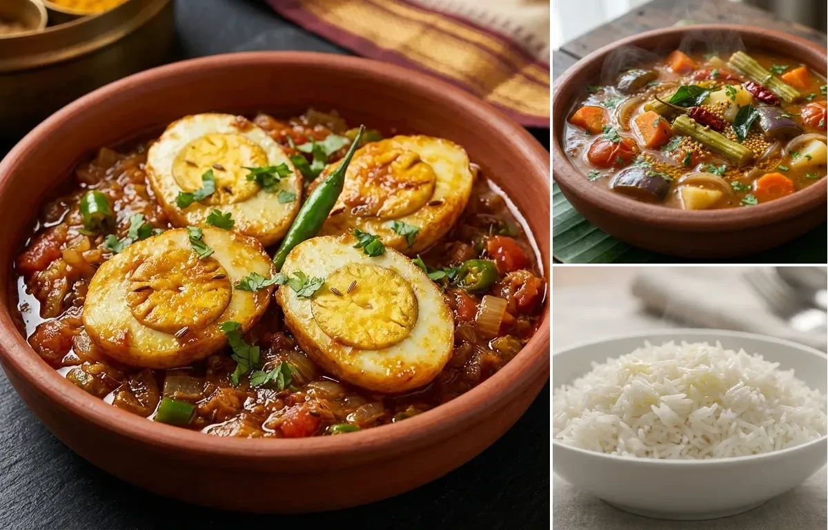 Hyderabadi Egg Fry with Vegetable Sambar and Steamed Basmati Rice