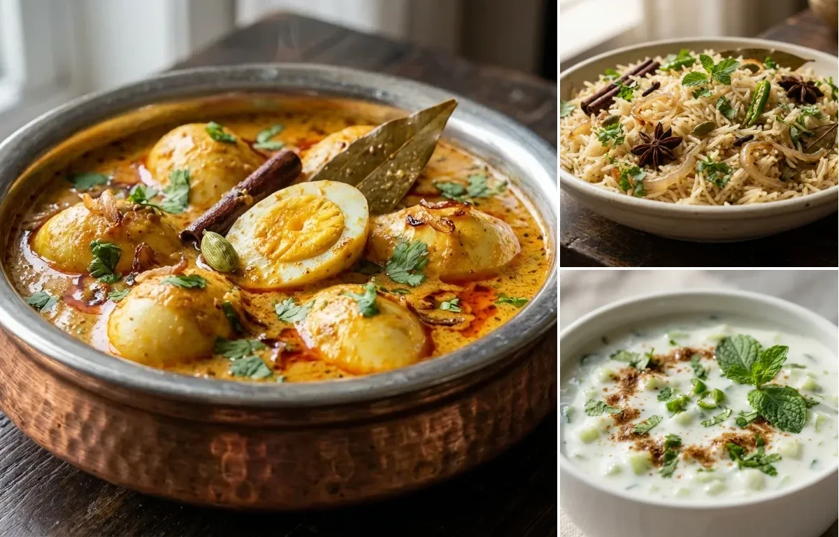 Hyderabadi Egg Korma with Bagara Chawal and Cucumber Raita