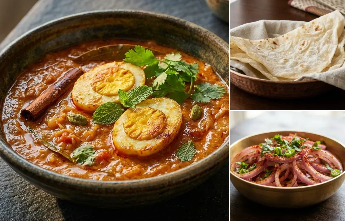 Hyderabadi Egg Masala with Roomali Roti and Onion Salad