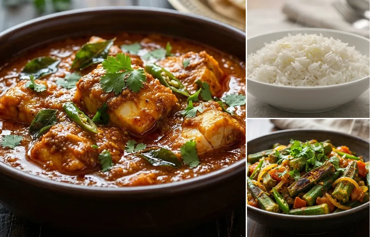 Hyderabadi Fish Curry with Steamed Basmati Rice and Bhindi Fry