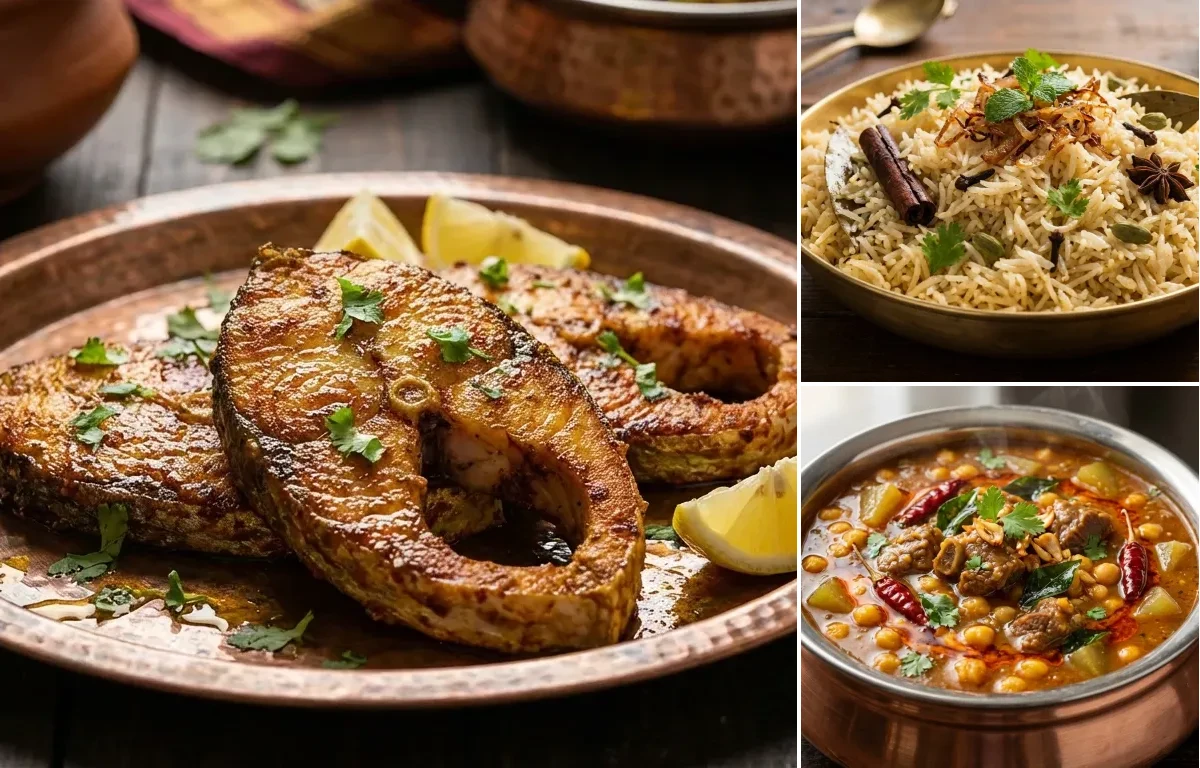 Hyderabadi Fish Fry with Bagara Rice and Hyderabadi Mutton Dalcha