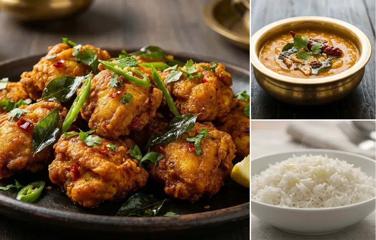 Hyderabadi Fried Chicken with Khatti Dal and Steamed Basmati Rice