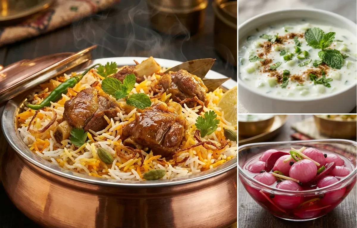 Hyderabadi Mutton Biryani with Cucumber Raita and Sirke Wale Pyaaz