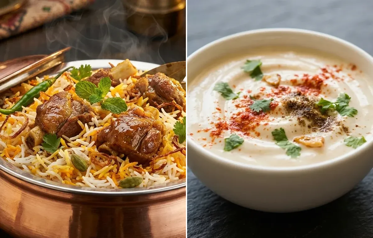 Hyderabadi Mutton Biryani with Burani Raita
