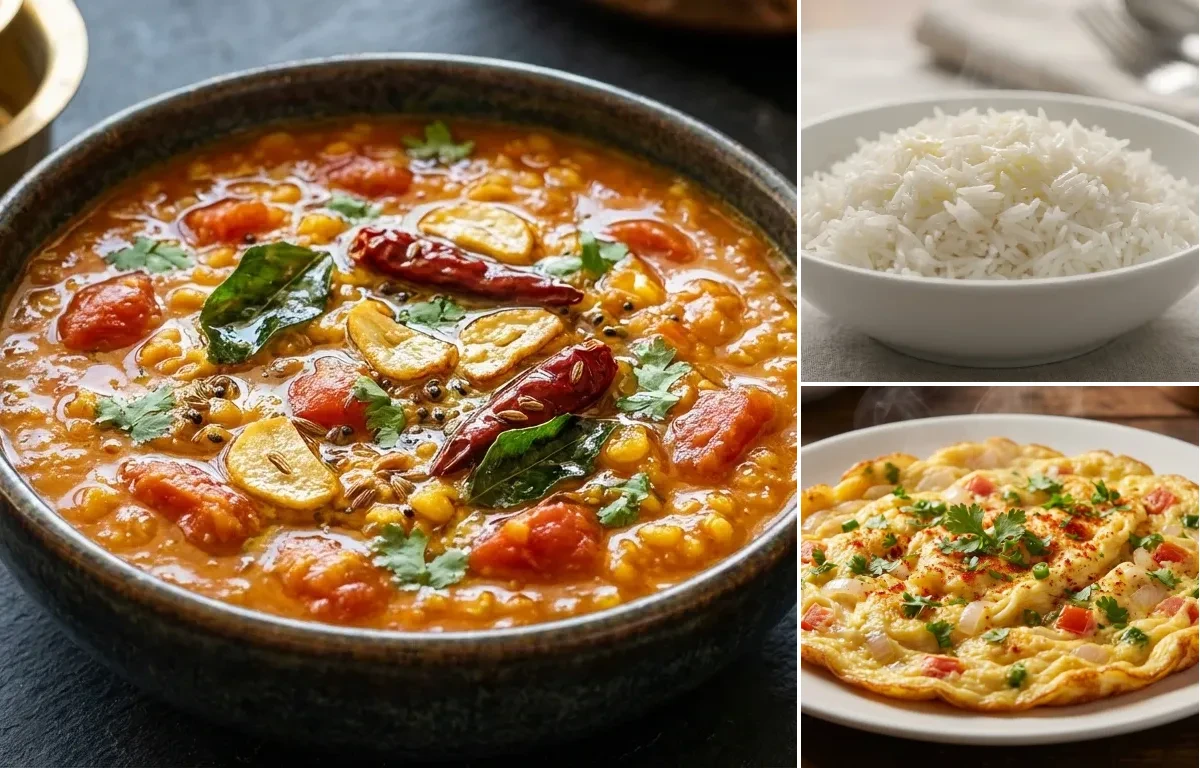 Hyderabadi Tomato Dal with Steamed Basmati Rice and Masala Omelette