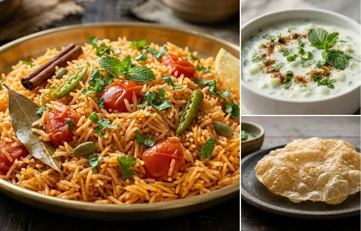 Hyderabadi Tomato Rice with Cucumber Raita and Appalam