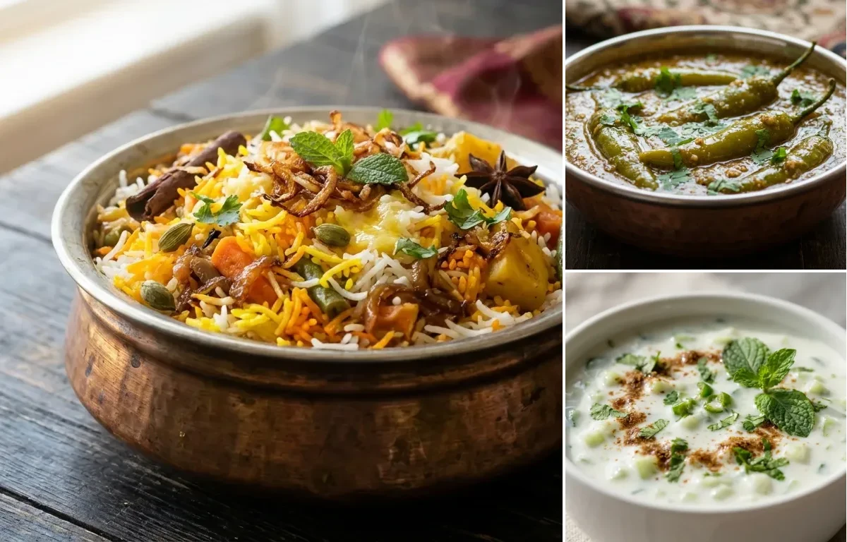 Hyderabadi Vegetable Biryani with Mirchi ka Salan and Cucumber Raita