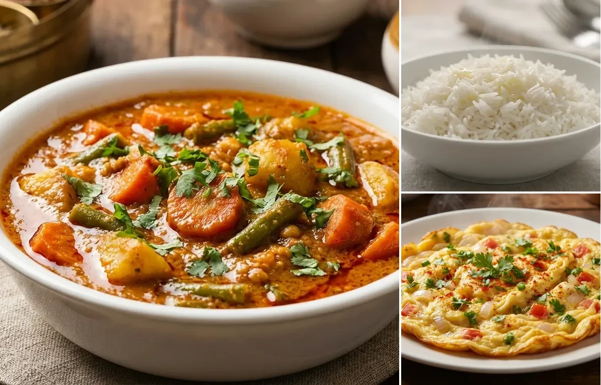 Hyderabadi Vegetable Curry with Steamed Basmati Rice and Masala Omelette