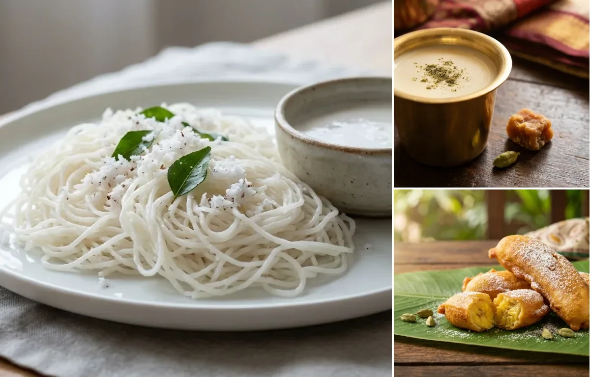 Idiyappam with Sweetened Coconut Milk and Pazham Pori
