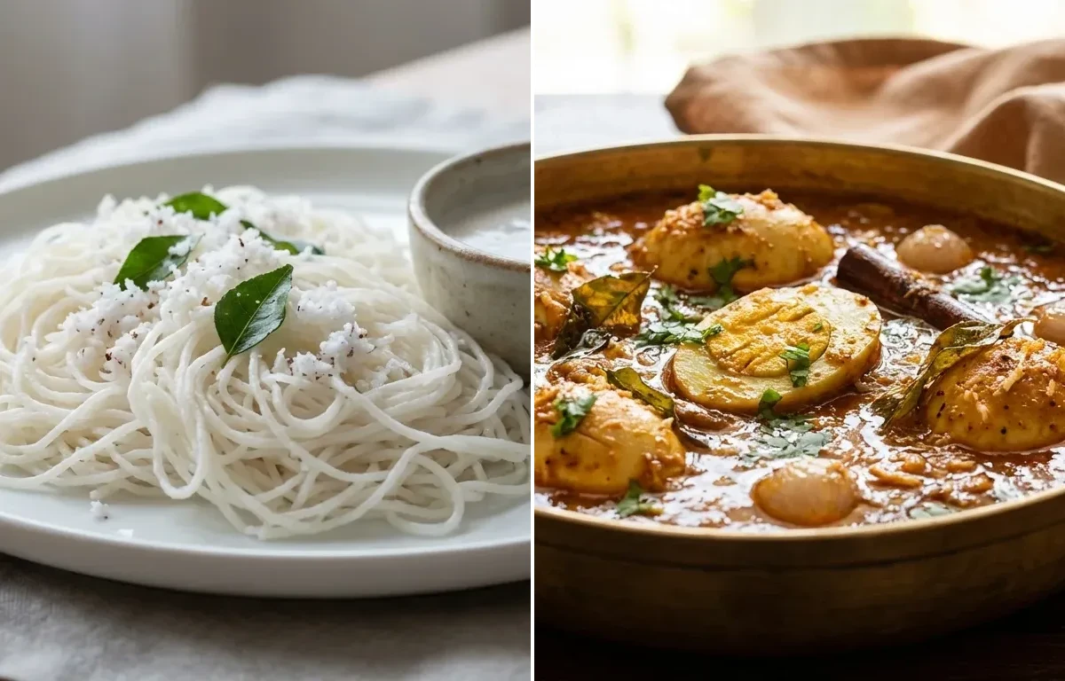 Idiyappam with Chettinad Egg Kuzhambu