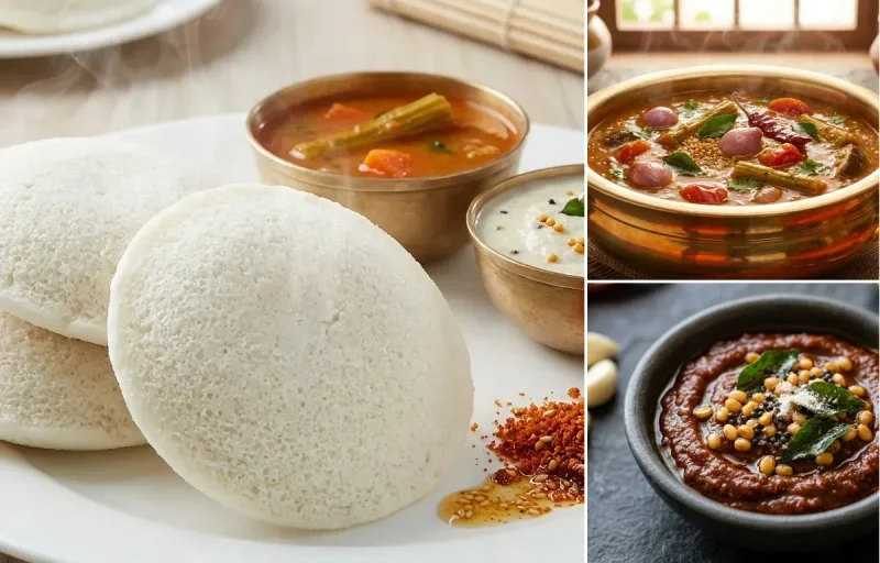 Idli with Chettinad Sambar and Poondu Chutney