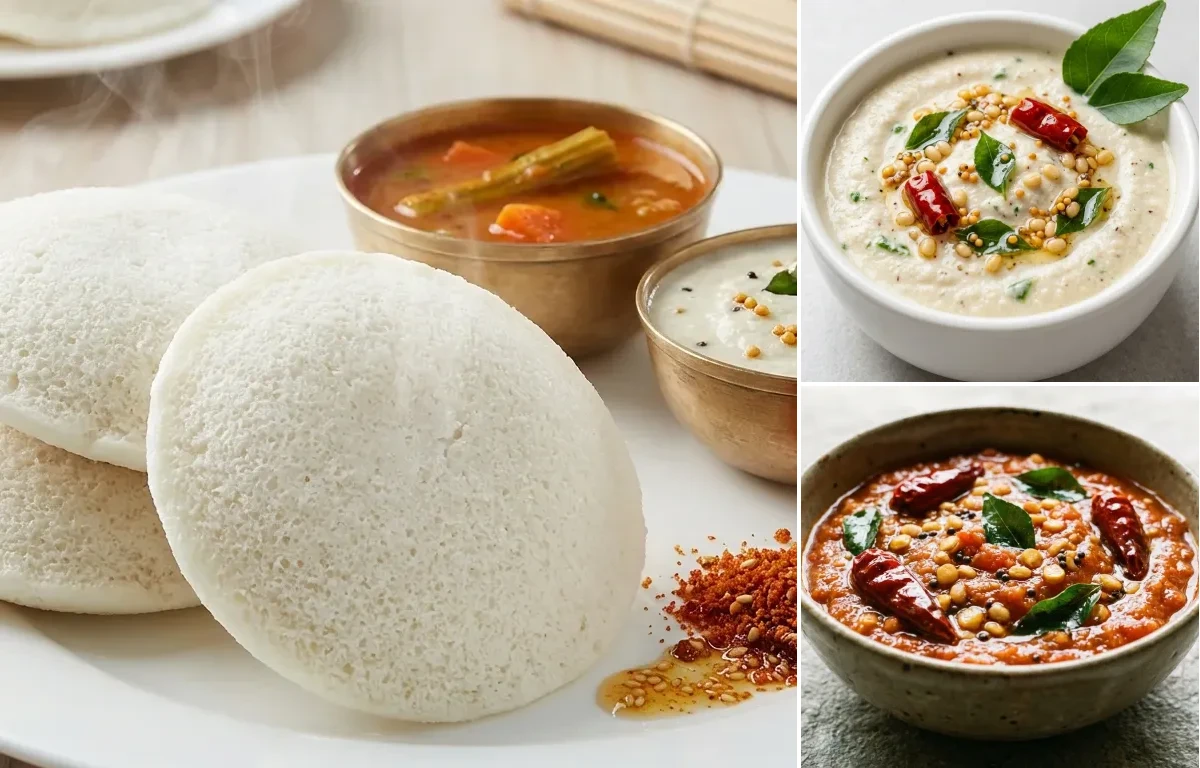 Idli with Coconut Chutney and Tomato Chutney