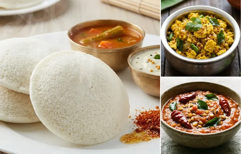 Idli with Egg Podimas and Tomato Chutney
