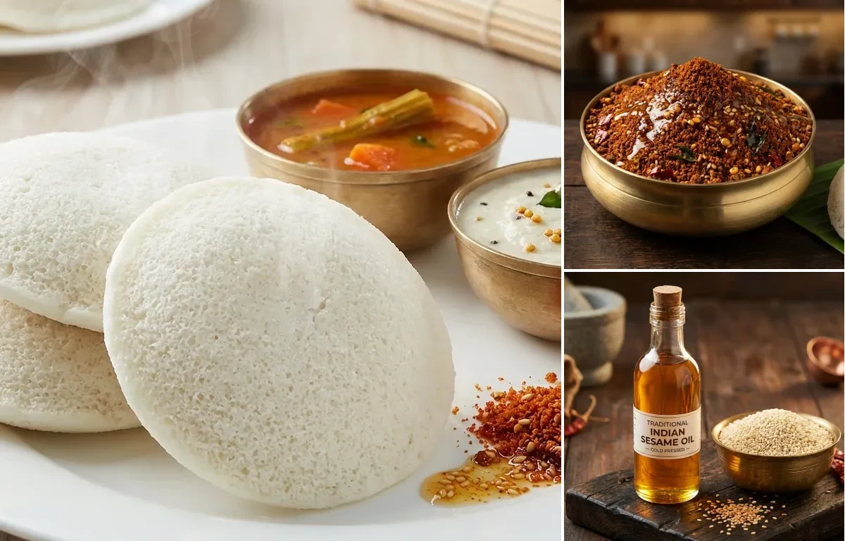 Idli with Idli Podi and Sesame Oil