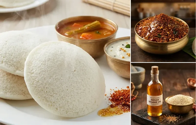 Idli with Idli Podi and Sesame Oil